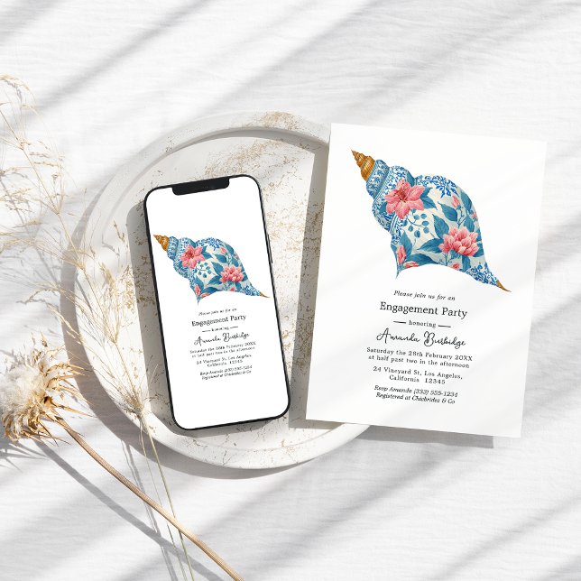 Floral Seashell Coastal Beach Engagement Party Inbjudningar (Floral Seashell Coastal Beach Engagement Party Invitation)