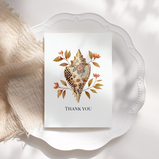 Floral Seashell Coastal Nautical Beach Wedding Tack Kort (Floral Seashell Coastal Nautical Beach Wedding Thank You Card)