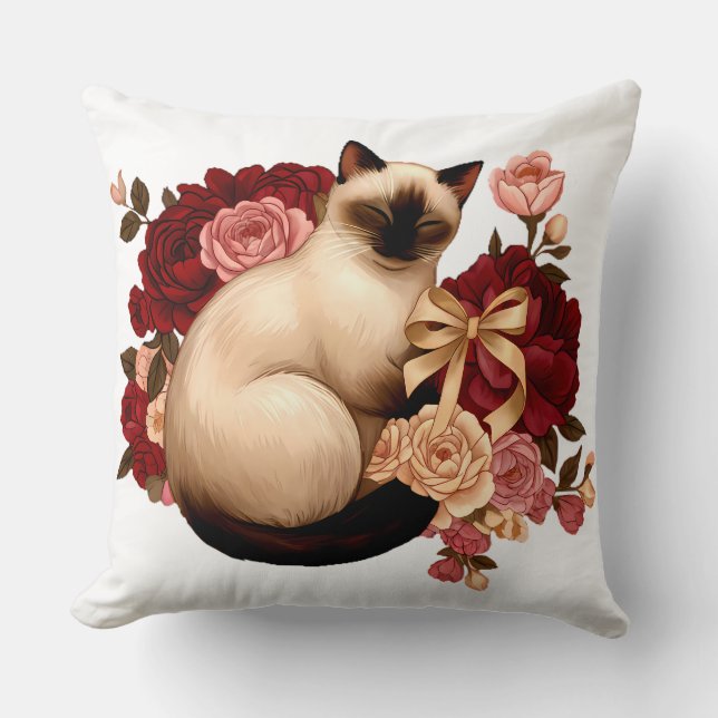 Floral Serenity: Curled Siamese Cat in Bloom Kudde (Framsida)