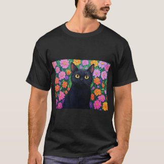 Floral Serenity: The Black Cat T Shirt