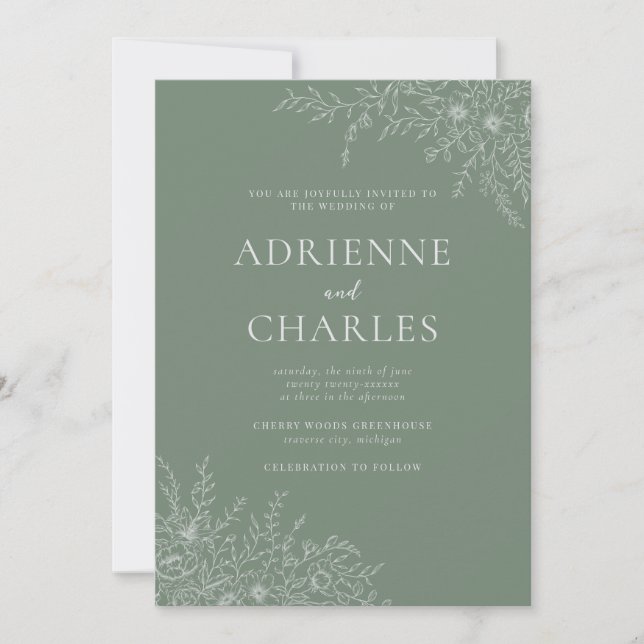 Floral Simplicity 1 Modern Green Minimal Wedding Inbjudningar (Framsida)