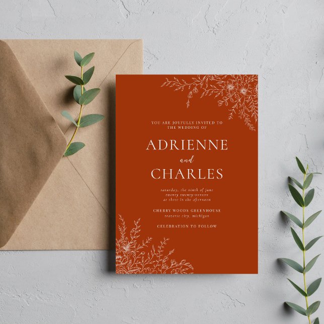 Floral Simplicity 1 Rust Orange Minimal Wedding Inbjudningar (Skapare uppladdad)
