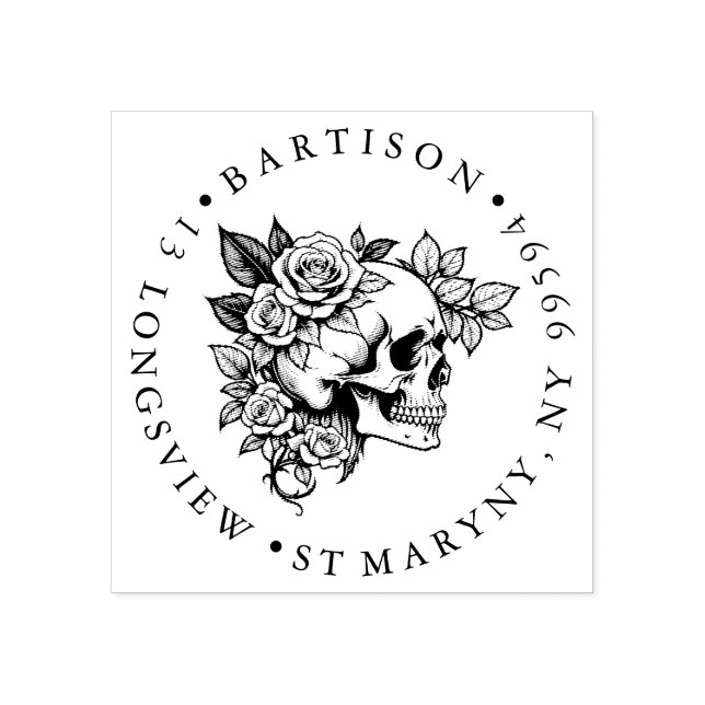 Floral Skull ADDRESS RUBBER STAMP Stämpel (Tryck)