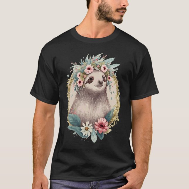 Floral Sloth Flower Crown Cute Watercolor T Shirt (Framsida)