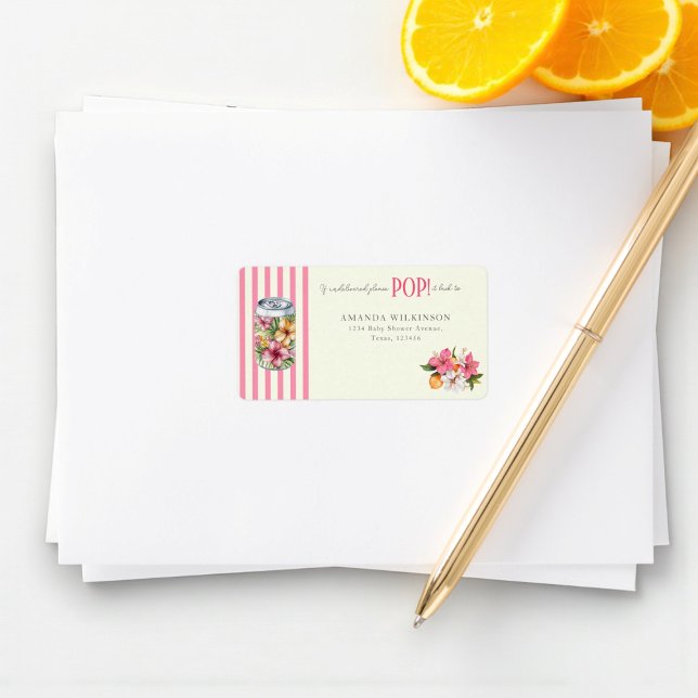 Floral Soda Can Pink Stripe Floral Design Adressetikett (Skapare uppladdad)