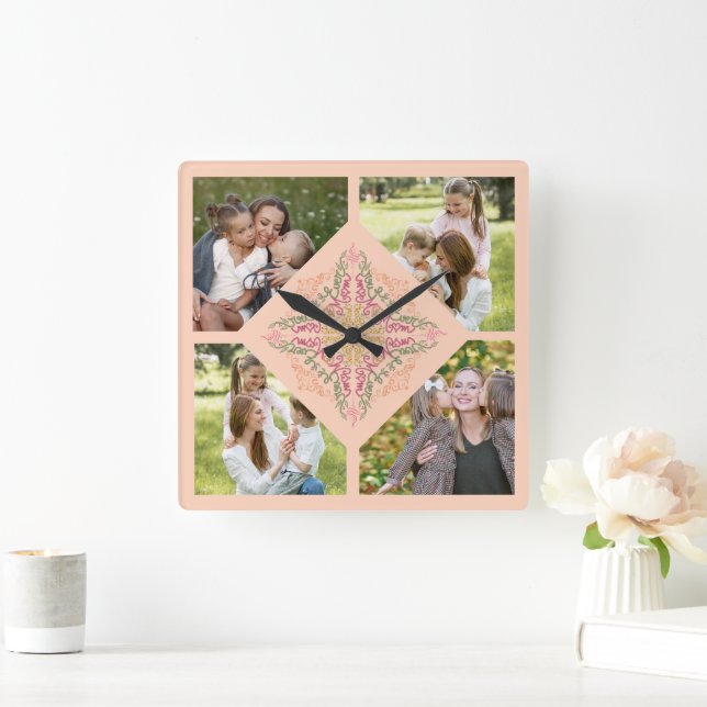 Floral Soft peach kaleidoscopic Script Best Mom  Fyrkantig Klocka (Hem)