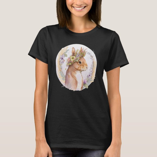 Floral Squirrel Flower Crown Watercolor Animal T Shirt (Framsida)
