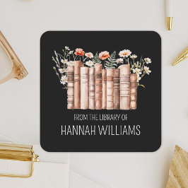 Floral Stack Book From the Library of Bookplate Fyrkantigt Klistermärke