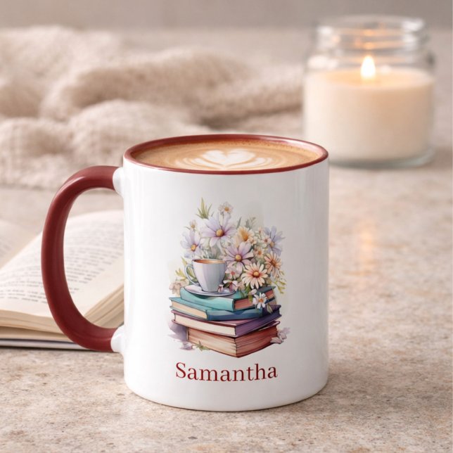Floral Stacked Books Personalized Burgundy Handle Mugg (Skapare uppladdad)