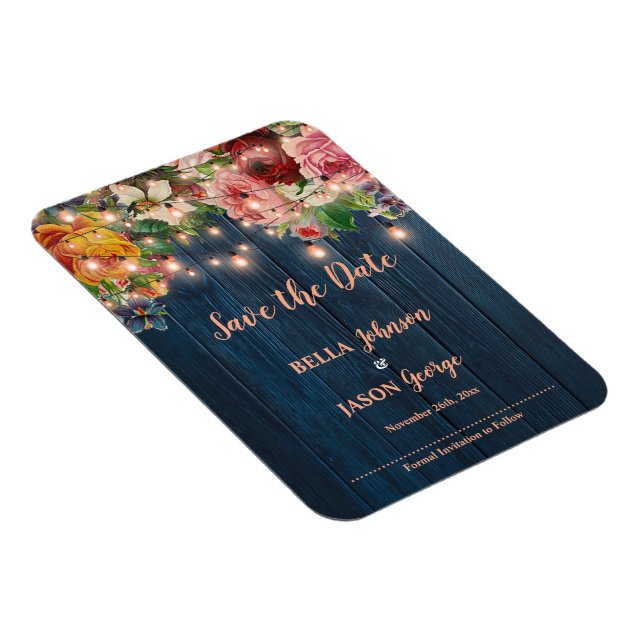 Floral String Lights Rustic Wedding Save The Date Magnet (Högersidan)