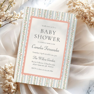 Floral Stripes Vintage Retro Baby Shower Inbjudningar