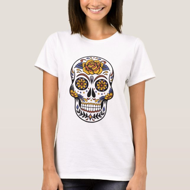 "Floral Sugar Skull - Día de los Muertos Art T Shirt (Framsida)