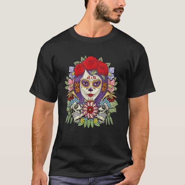 Floral Sugar Skull Dia De Muertos Women T Shirt (Framsida)