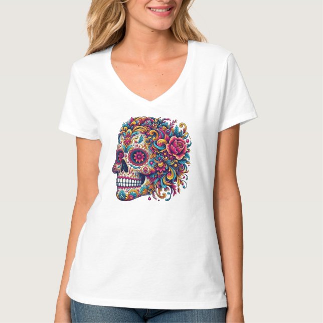 Floral Sugar Skull Side Profile Mexican Art T Shirt (Framsida)