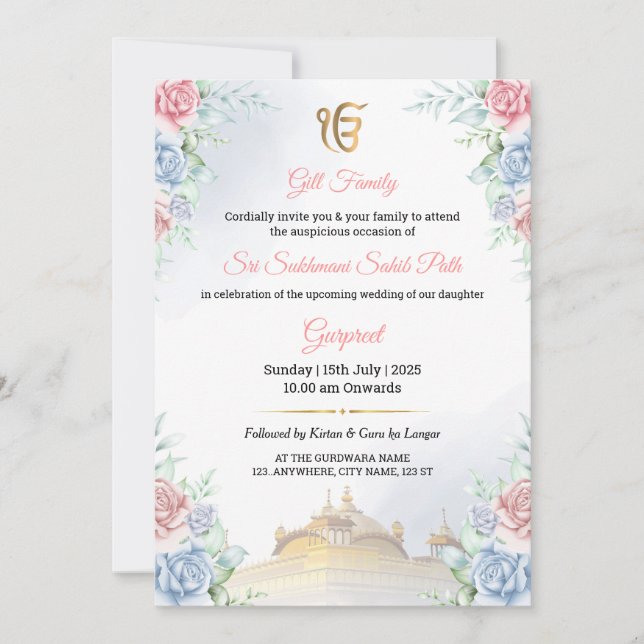 Floral Sukhmani Sahib Path Invitation card Inbjudningar (Framsida)