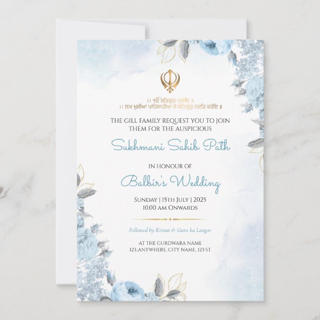 Floral Sukhmani Sahib Path Wedding Invitation Card Inbjudningar (Framsida)