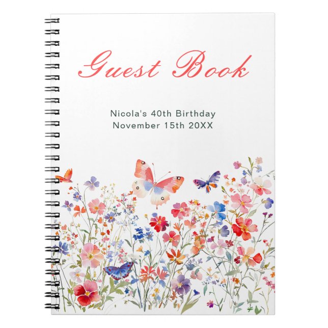 Floral Summer Butterfly Birthday Party Guest Book Anteckningsbok (Framsidan)