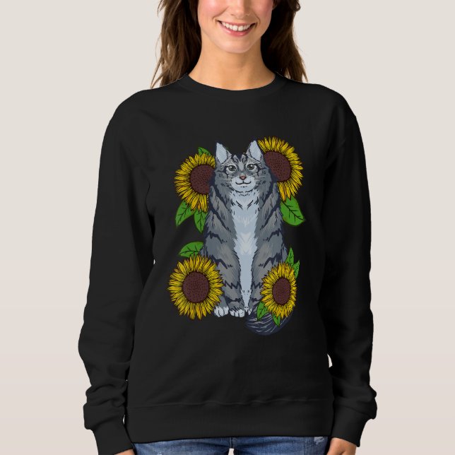 Floral Sunflower Mainecoon Cat T Shirt (Framsida)