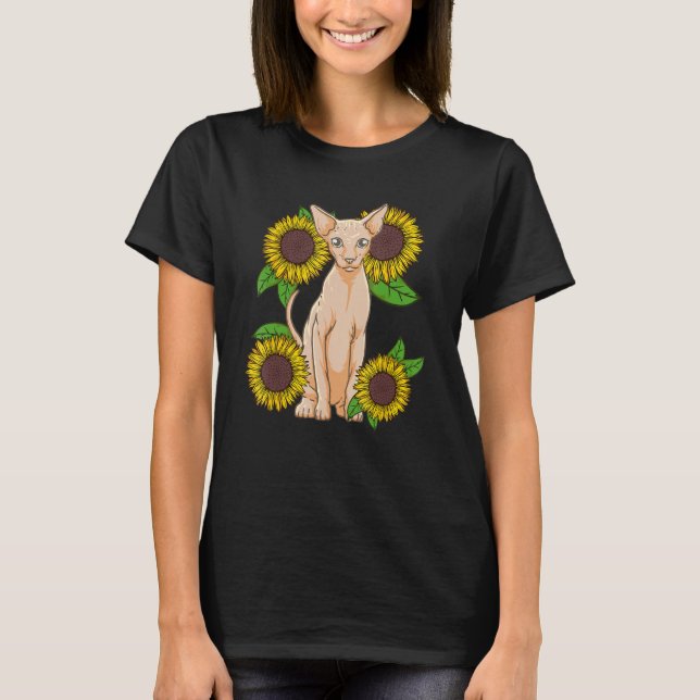 Floral Sunflower Sphynx Cat Lover T Shirt (Framsida)