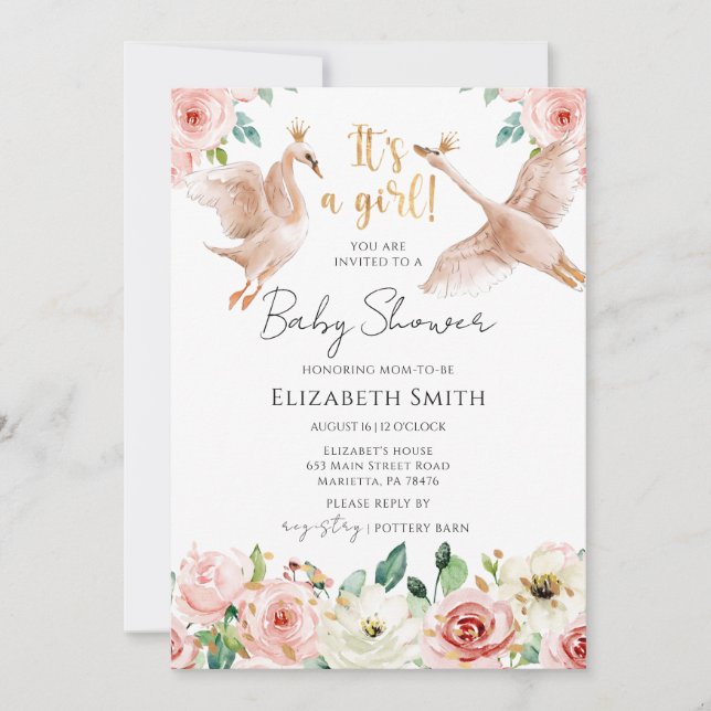 Floral Swan Princess Baby Shower Inbjudningar (Framsida)