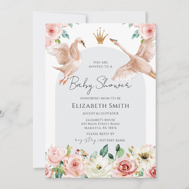 Floral Swan Princess Baby Shower Inbjudningar (Framsida)
