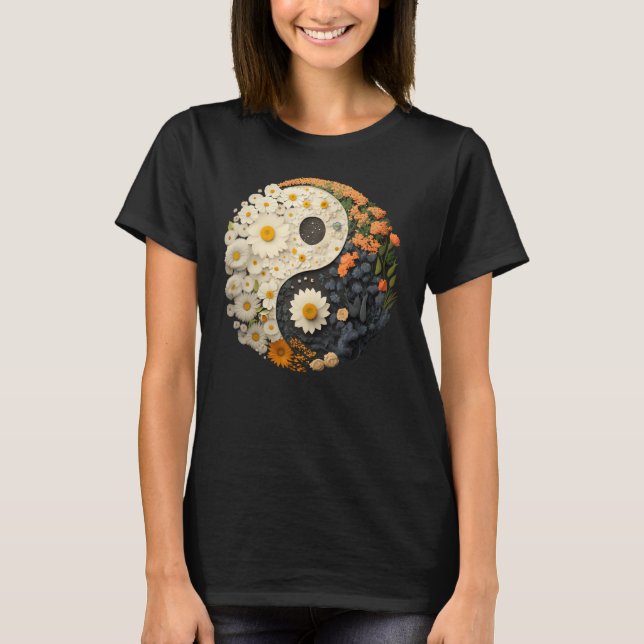 Floral Taoism Yin Yang Symbol on Flower Taijitu Yi T Shirt (Framsida)