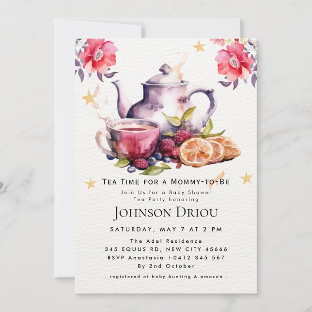 Floral Tea Party Baby Shower Invitation Inbjudningar (Framsida)