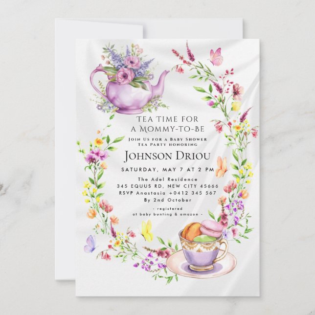 Floral Tea Party Baby Shower Invitation Inbjudningar (Framsida)