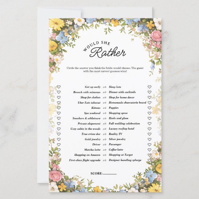 Floral Tea Party Would She Rather Bridal Game (Framsida)
