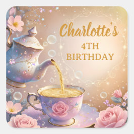 Floral Teacup & Teapot - Pastel Elegant Tea Party Fyrkantigt Klistermärke