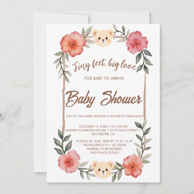  Floral Teddy Bear Baby Shower Invitation Neutral  Inbjudningar (Framsida)