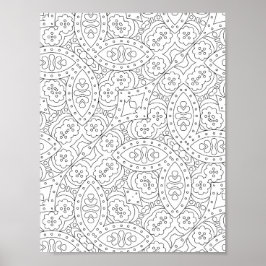 Floral Tile Pattern Coloring Page with Heart Motif Poster