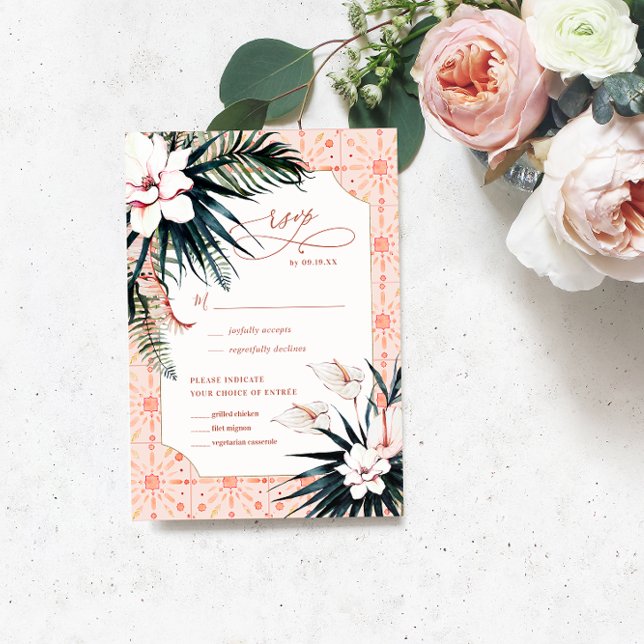Floral Tiles | Moroccan Tropical Wedding RSVP OSA Kort (Skapare uppladdad)