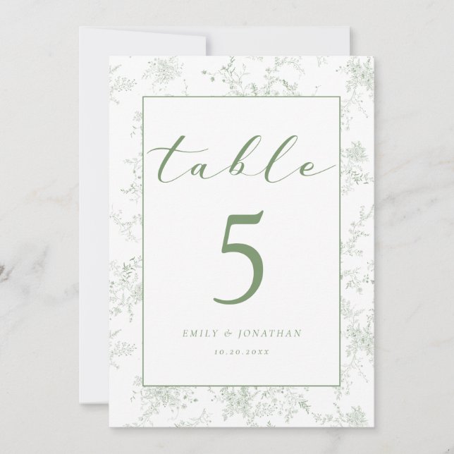 Floral Toile Green Wedding Table Card Inbjudningar (Framsida)