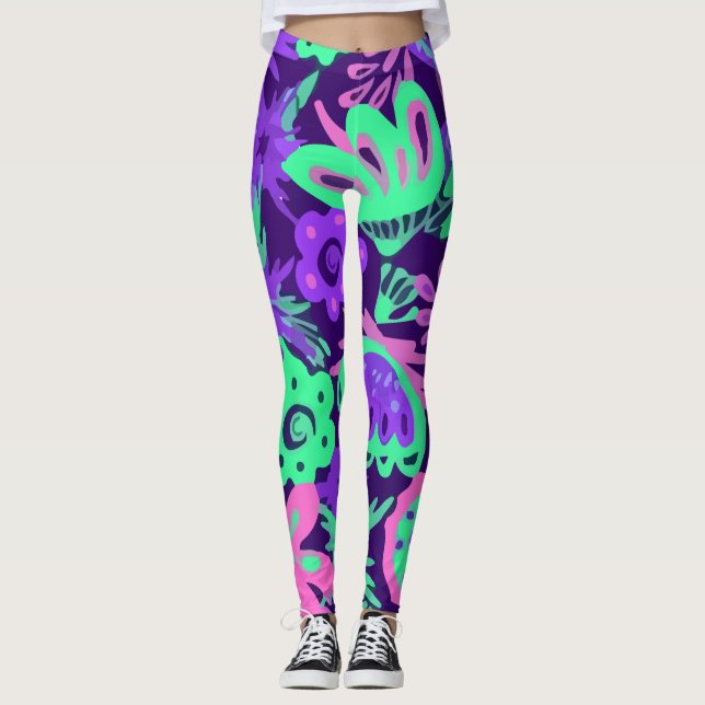 Floral Tropical Neon Colors Bright Leggings (Framsida)