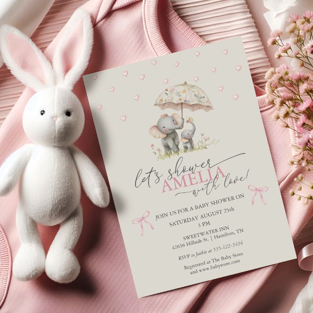 Floral Umbrella Elephant Baby Girl Shower Inbjudningar (Floral Umbrella Elephant Baby Girl Shower Invitation)
