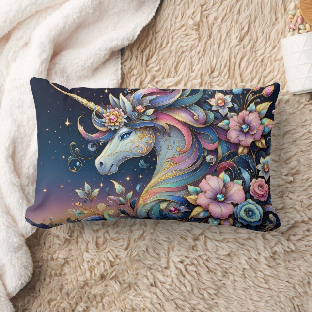 Floral Unicorn Night Fantasy Lumbarkudde (Filt)