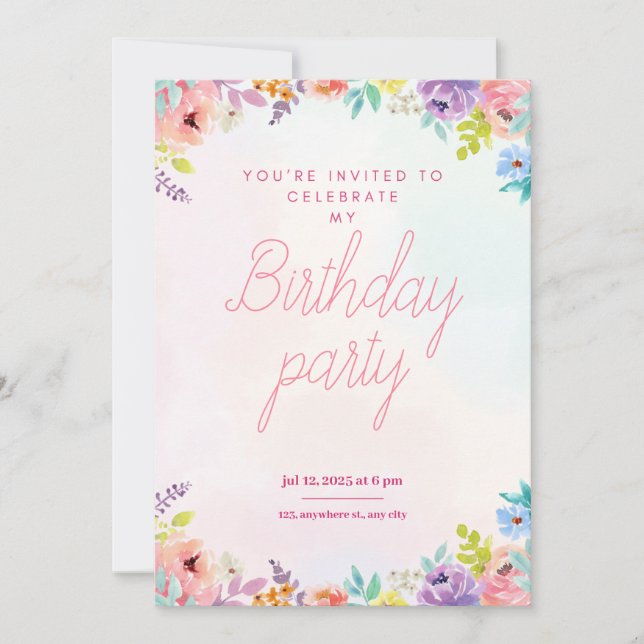 Floral watercolor adults birthday invitation inbjudningar (Framsida)