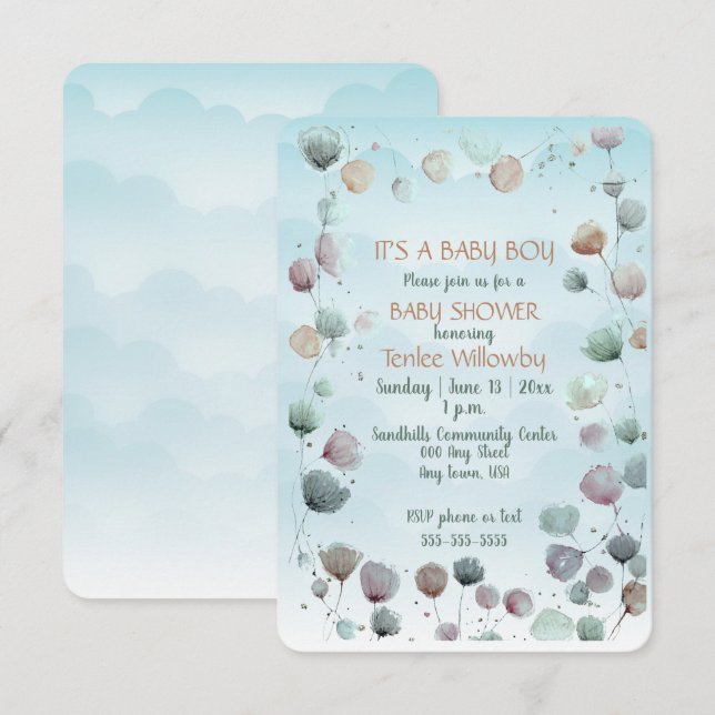 Floral Watercolor Baby Boy Shower Invitation Inbjudningar (Fram/baksida)
