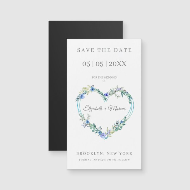 Floral Watercolor Heart with Leaves in Blue (Fram/baksida)