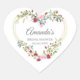 Floral Watercolor Heart with Leaves in Pink & Red Hjärtformat Klistermärke