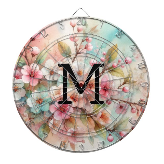 Floral watercolor monogram pink cherry blossoms  darttavla (Framsidan)
