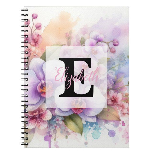 Floral watercolor monogram pink orchid flowers  anteckningsbok (Framsidan)
