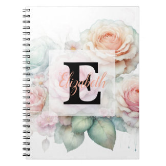 Floral watercolor monogram pink roses flowers  anteckningsbok