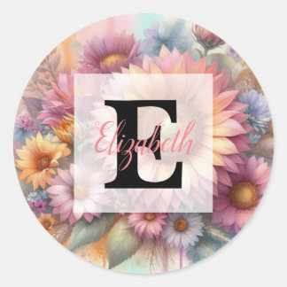 Floral watercolor monogram pink yellow sunflower  runt klistermärke