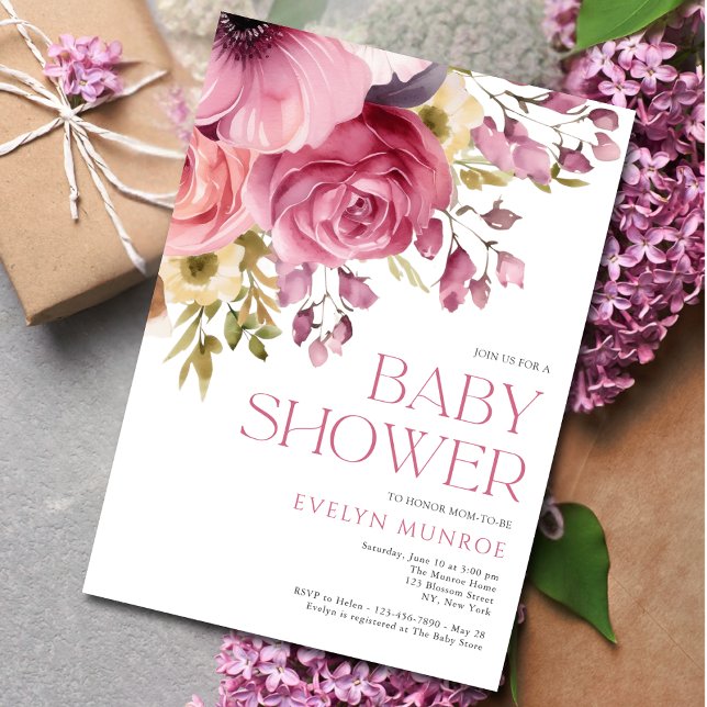 Floral Watercolor Pink Baby Shower Inbjudningar (Skapare uppladdad)