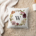 Floral Watercolor Wreath Monogram White Kudde<br><div class="desc">Customizable pillow featuring a burgundy,  pink and white floral watercolor wreath with green foliage accents. This elegant wreath frames a classic black monogram. Easy to personalize and makes a great gift.</div>