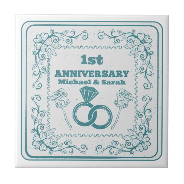 Floral wedding Anniversary Customizable year Kakelplatta (Framsidan)