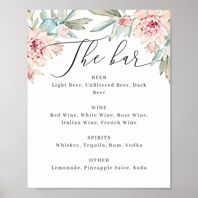 Floral Wedding Bar Menu Sign. Watercolor Botanical Poster (Framsidan)