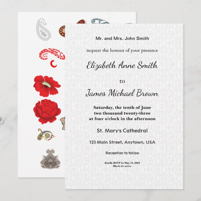 Floral Wedding Invitation Elegant Red Rose Kort (Fram/baksida)
